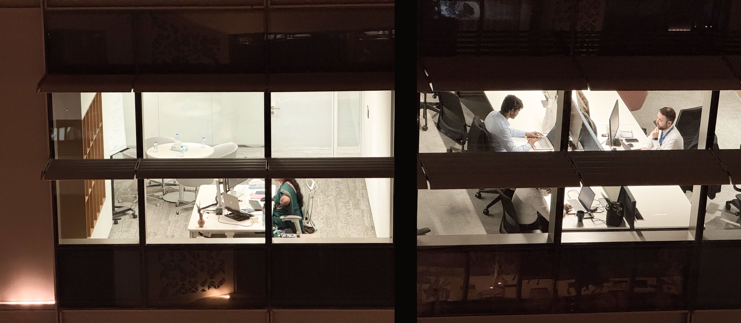 An open floor and the office next to it, with a floor plan travelling across both